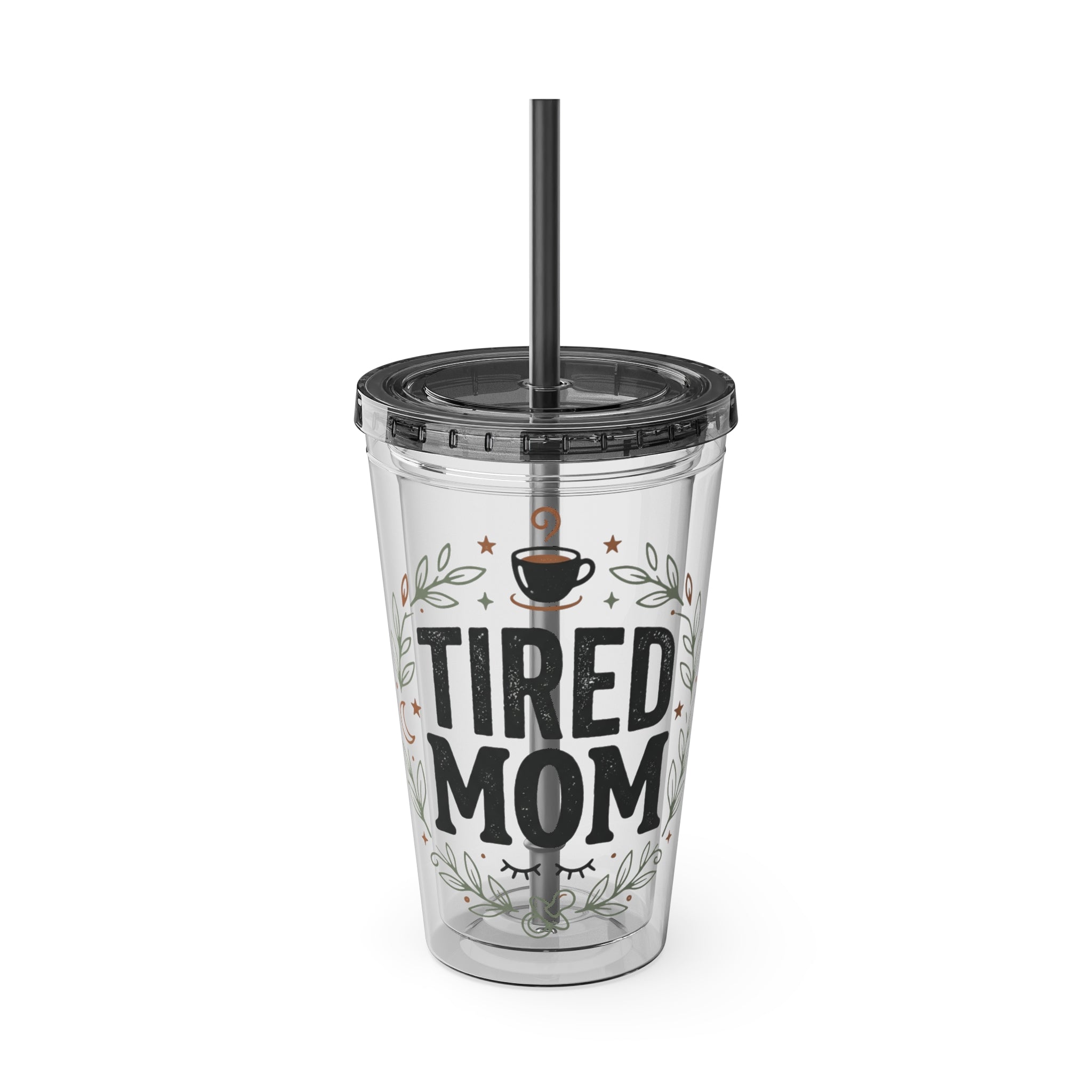 Skull Rose Tumbler — "Tired Mom Club" 16oz Straw Cup