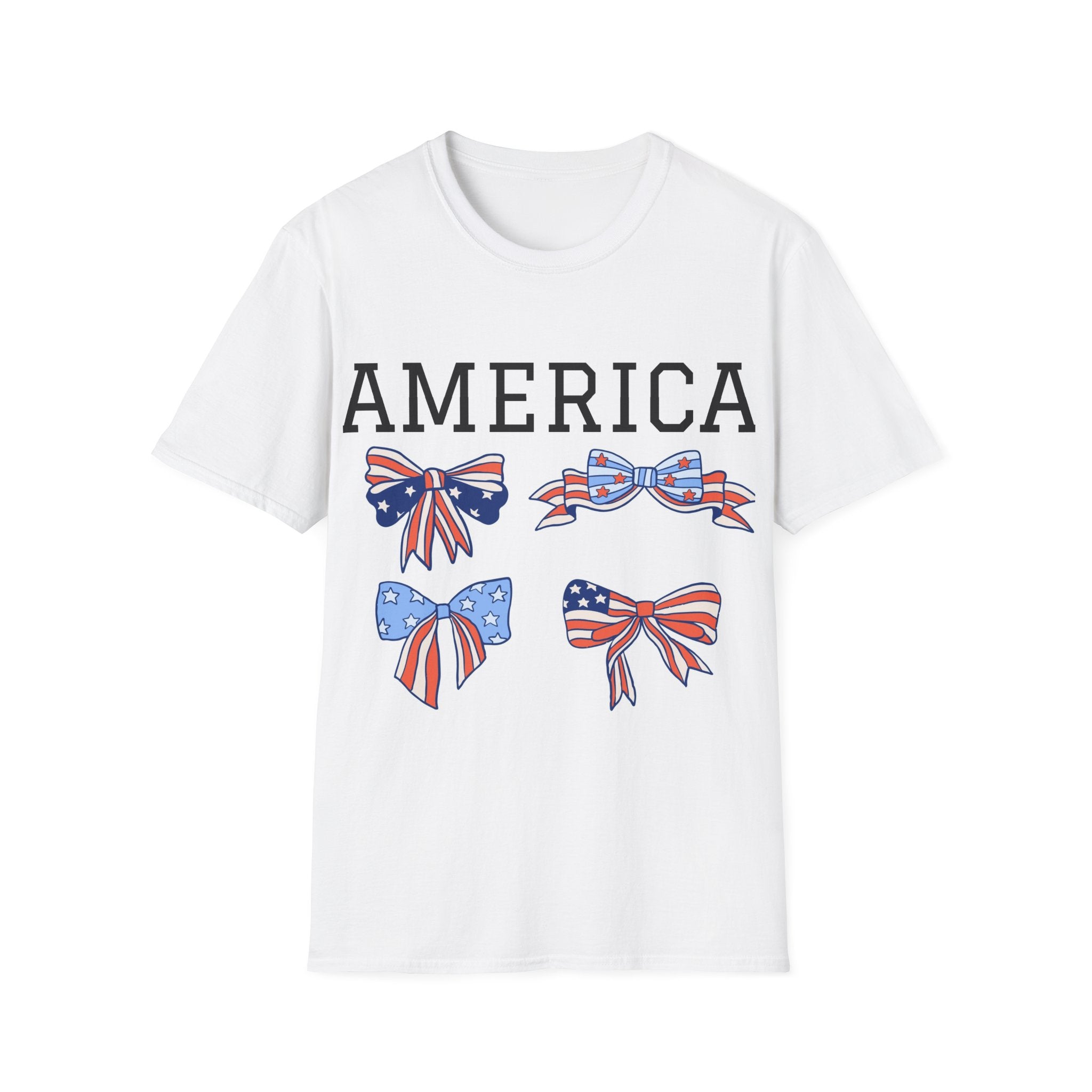 America Bow Graphic T-Shirt — Patriotic USA Flag Bows Tee for 4th of July