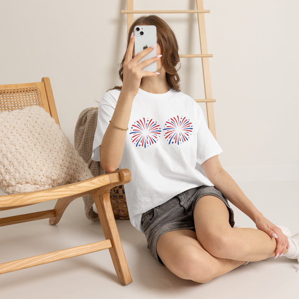 Firework Boob Graphic Tee — Patriotic Red & Blue Celebration Shirt