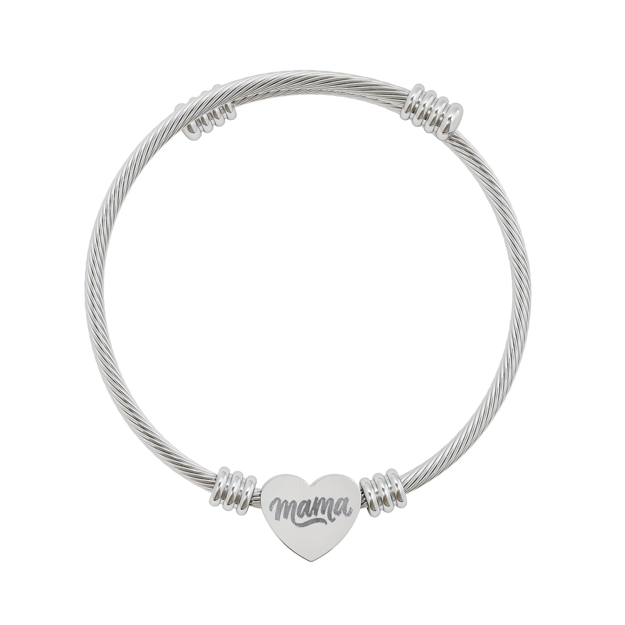 Mama Heart Cuff Bracelet — Engraved Mama Cable Bangle (Silver or Gold)