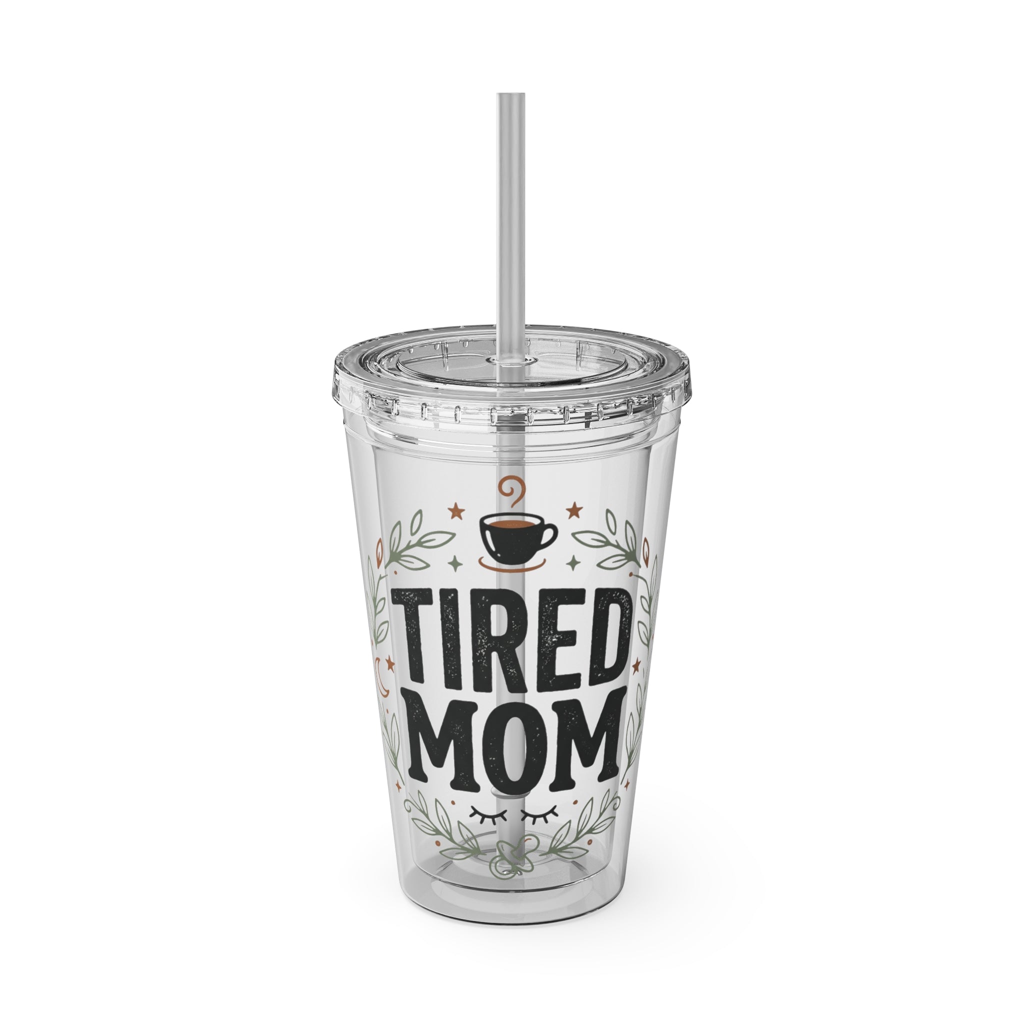 Skull Rose Tumbler — "Tired Mom Club" 16oz Straw Cup