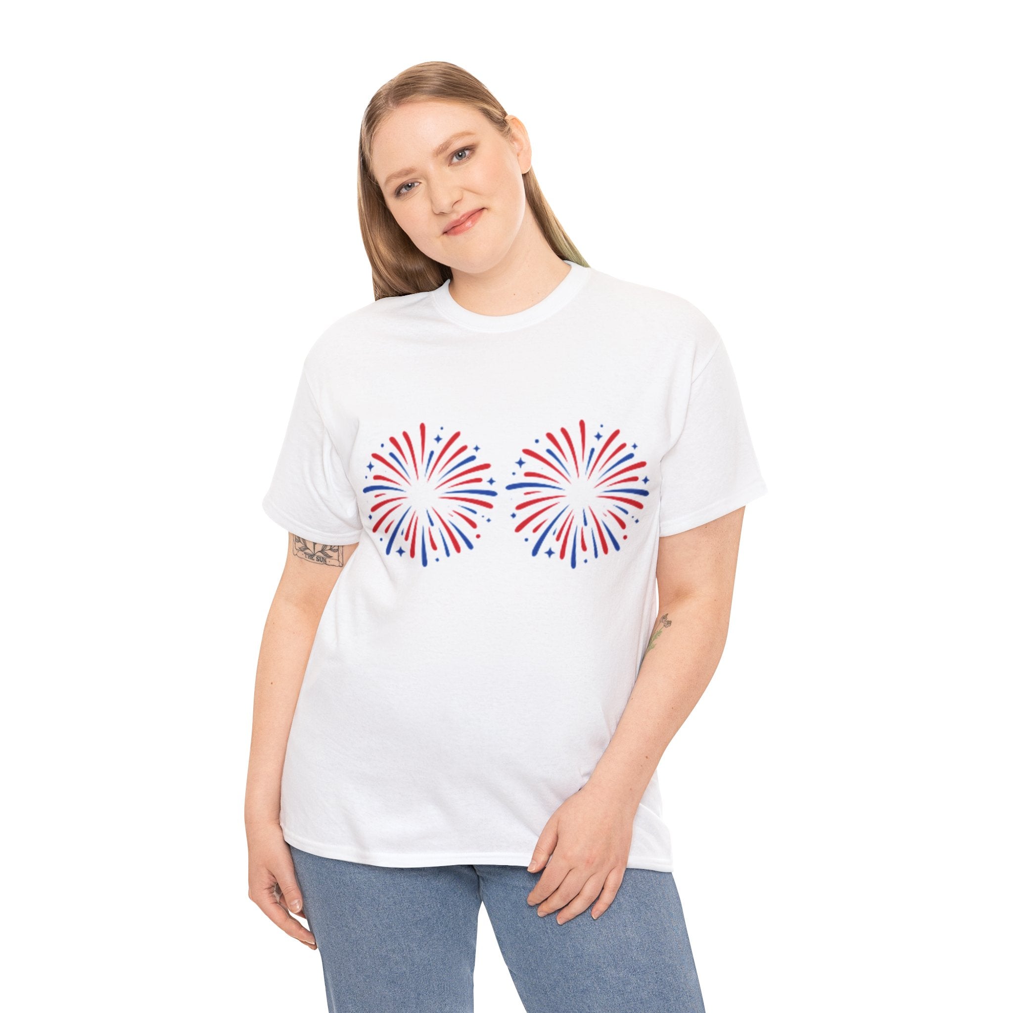 Firework Boob Graphic Tee — Patriotic Red & Blue Celebration Shirt
