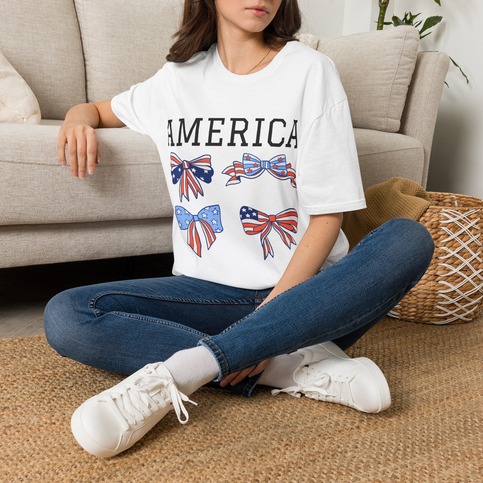 America Bow Graphic T-Shirt — Patriotic USA Flag Bows Tee for 4th of July