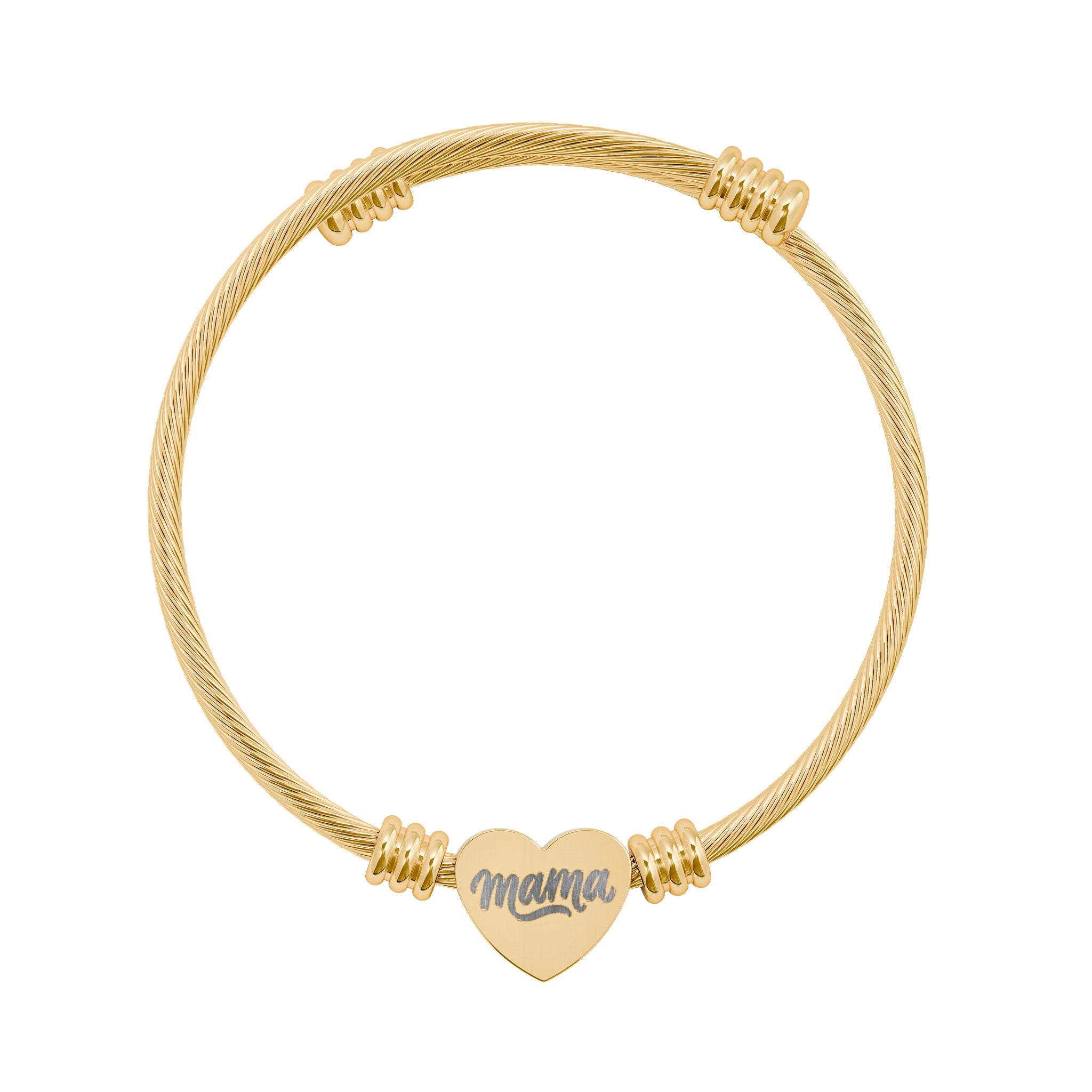 Mama Heart Cuff Bracelet — Engraved Mama Cable Bangle (Silver or Gold)