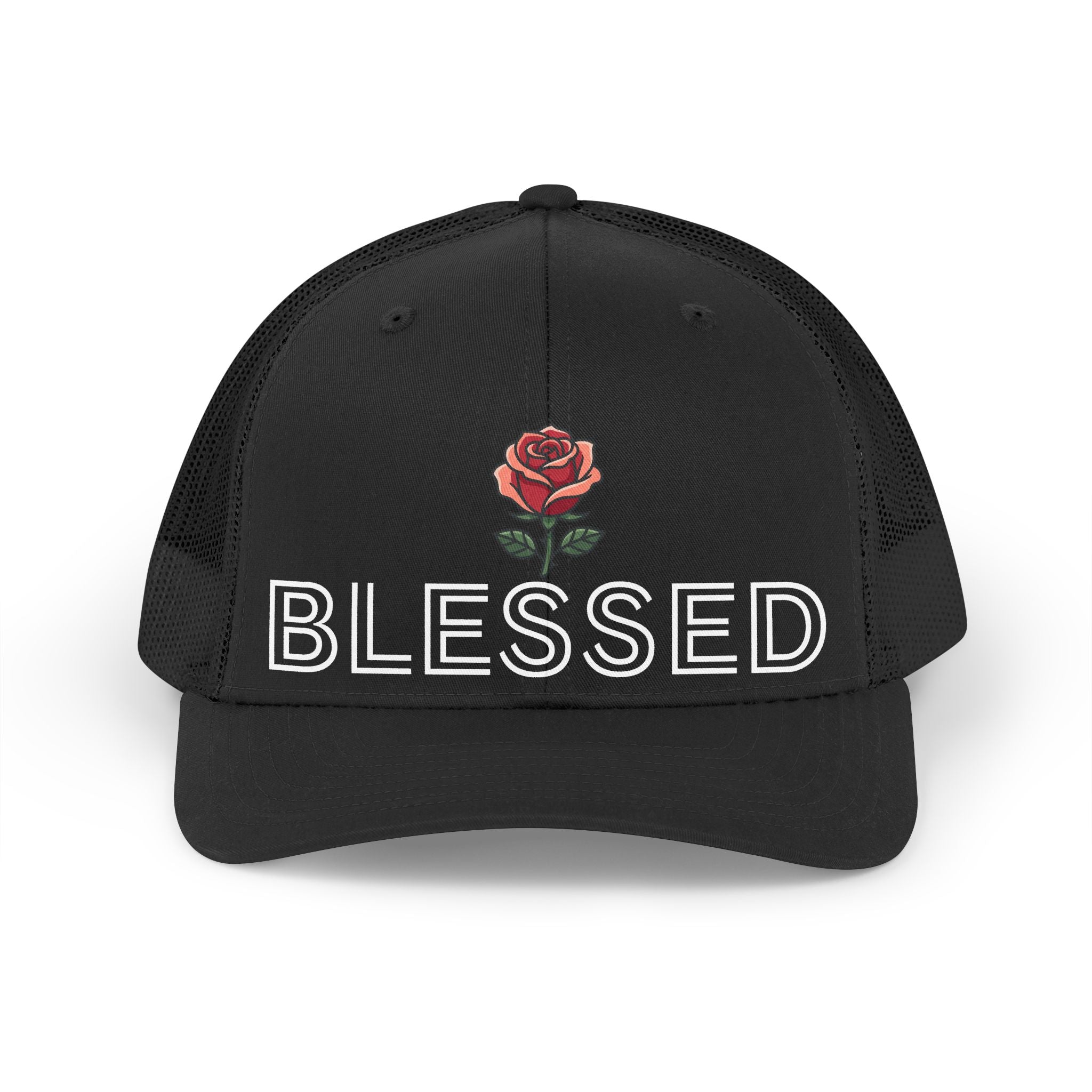Blessed rose embroidery Trucker Hat | Floral faith mesh cap
