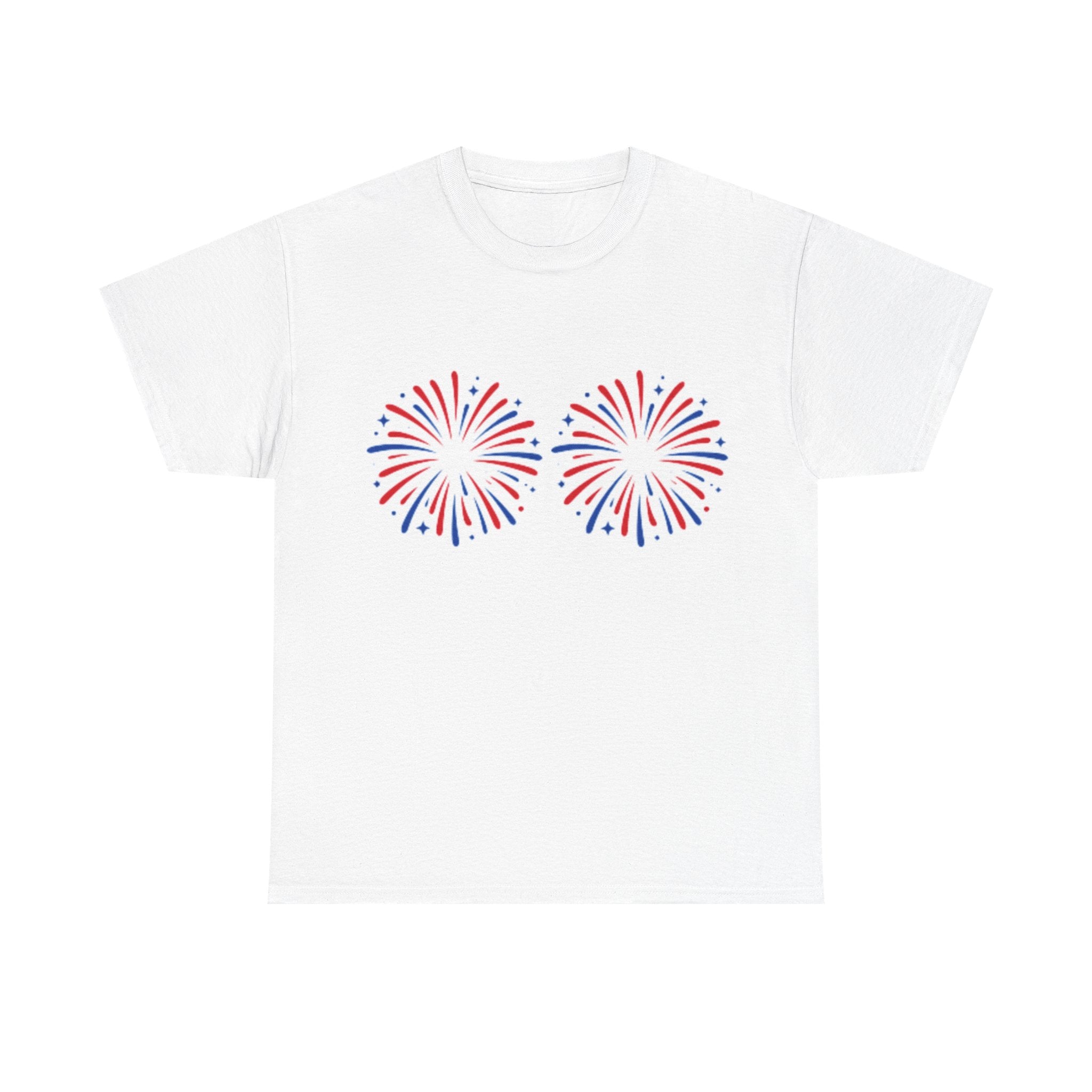 Firework Boob Graphic Tee — Patriotic Red & Blue Celebration Shirt