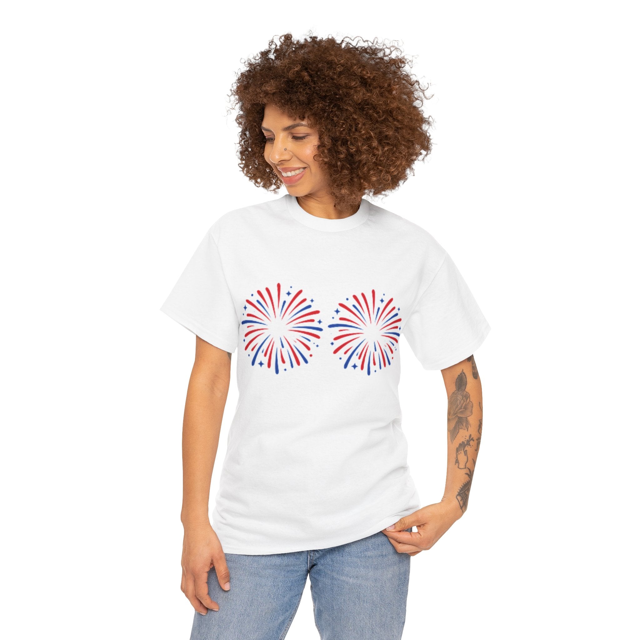 Firework Boob Graphic Tee — Patriotic Red & Blue Celebration Shirt