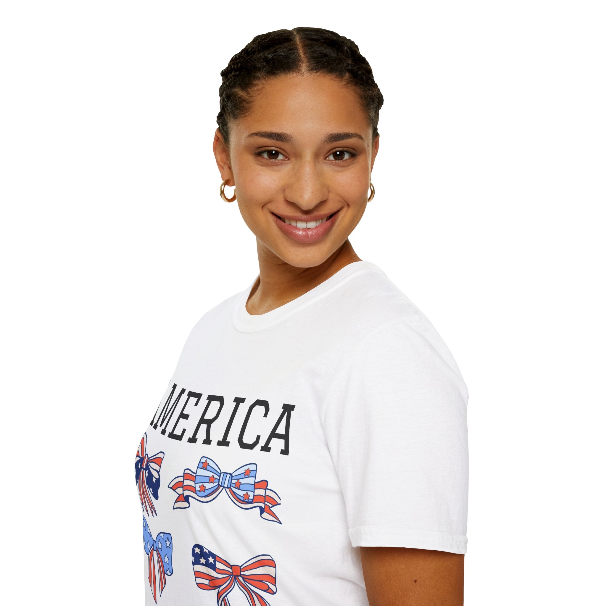 America Bow Graphic T-Shirt — Patriotic USA Flag Bows Tee for 4th of July